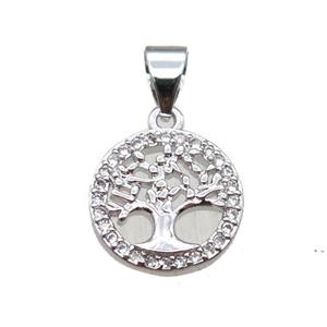 copper pendant paved zircon, tree of life, platinum plated, approx 11.5mm [FN14456]
