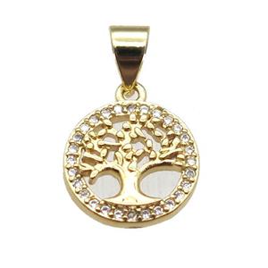 copper pendant paved zircon, tree of life, gold plated, approx 11.5mm [FN14457]