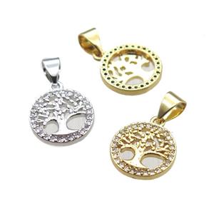 copper pendant paved zircon, tree of life, mixed color, approx 11.5mm [FN14459]