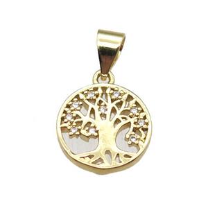 copper pendant paved zircon, tree of life, gold plated, approx 11.5mm [FN14461]
