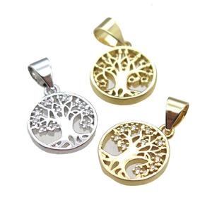 copper pendant paved zircon, tree of life, mixed color, approx 11.5mm [FN14462]