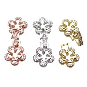 copper connector clasp paved zircon, flower, mixed color, approx 15-38mm [FN14481]