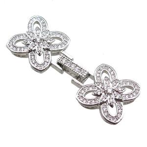copper connector clasp paved zircon, clover, platinum plated, approx 15-43mm [FN14514]