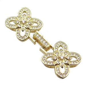 copper connector clasp paved zircon, clover, gold plated, approx 15-43mm [FN14515]