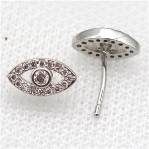 copper Stud Earrings paved zircon, eye, platinum plated, approx 6-10mm [FN14518]