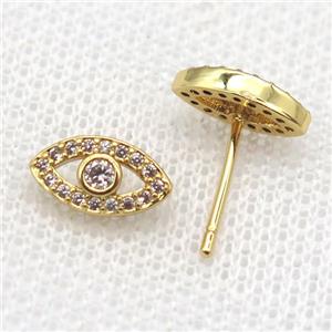 copper Stud Earrings paved zircon, eye, gold plated, approx 6-10mm [FN14519]