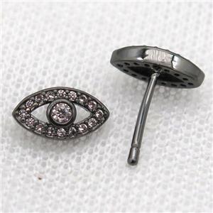 copper Stud Earrings paved zircon, eye, black plated, approx 6-10mm [FN14521]