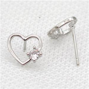 copper Stud Earrings paved zircon, heart, platinum plated, approx 10mm [FN14523]