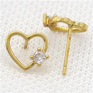 copper Stud Earrings paved zircon, heart, gold plated, approx 10mm [FN14524]