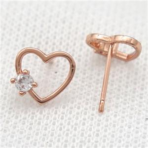 copper Stud Earrings paved zircon, heart, rose gold, approx 10mm [FN14525]