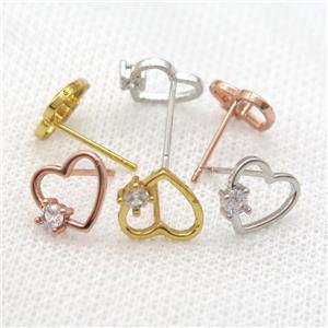 copper Stud Earrings paved zircon, heart, mixed color, approx 10mm [FN14526]