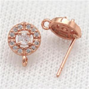 copper Stud Earrings paved zircon, circle, rose gold, approx 8mm [FN14531]