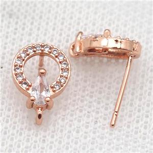 copper Stud Earrings paved zircon, circle, rose gold, approx 9mm [FN14532]