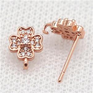 copper Stud Earrings paved zircon, clover, rose gold, approx 8mm [FN14533]