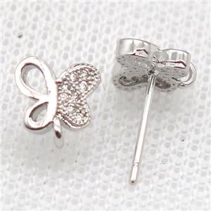 copper Stud Earrings paved zircon, butterfly, platinum plated, approx 8mm [FN14534]