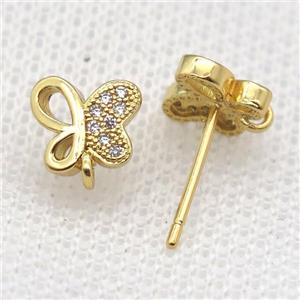 copper Stud Earrings paved zircon, butterfly, gold plated, approx 8mm [FN14535]