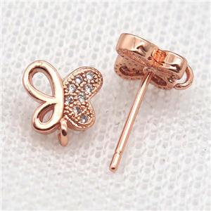 copper Stud Earrings paved zircon, butterfly, rose gold, approx 8mm [FN14536]