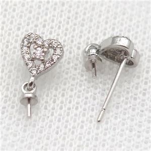 copper Stud Earrings paved zircon, heart, platinum plated, approx 7mm [FN14538]