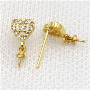 copper Stud Earrings paved zircon, heart, gold plated, approx 7mm [FN14539]