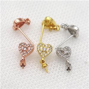 copper Stud Earrings paved zircon, heart, mixed color, approx 7mm [FN14541]