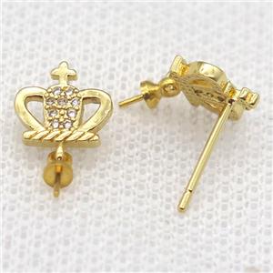 copper Stud Earrings paved zircon, crown, gold plated, approx 9mm [FN14543]
