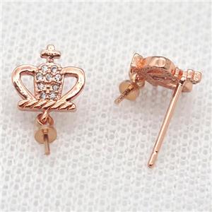copper Stud Earrings paved zircon, crown, rose gold, approx 9mm [FN14544]