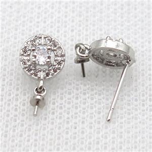 copper Stud Earrings paved zircon, circle, platinum plated, approx 8mm [FN14545]