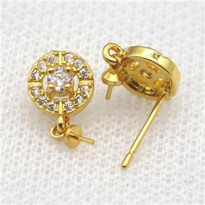 copper Stud Earrings paved zircon, circle, gold plated, approx 8mm [FN14546]