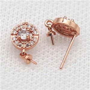 copper Stud Earrings paved zircon, circle, rose gold, approx 8mm [FN14547]