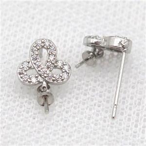 copper Stud Earrings paved zircon, clover, platinum plated, approx 9mm [FN14548]