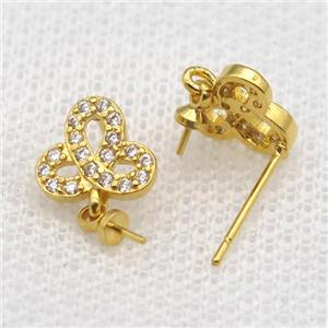 copper Stud Earrings paved zircon, clover, gold plated, approx 9mm [FN14549]