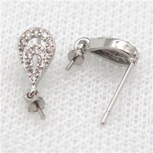 copper Stud Earrings paved zircon, teardrop, platinum plated, approx 6-10mm [FN14550]