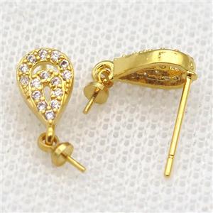copper Stud Earrings paved zircon, teardrop, gold plated, approx 6-10mm [FN14551]