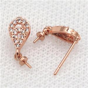 copper Stud Earrings paved zircon, teardrop, rose gold, approx 6-10mm [FN14552]