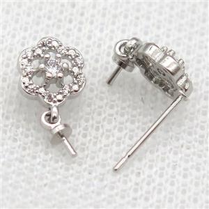 copper Stud Earrings paved zircon, flower, platinium plated, approx 8mm [FN14553]