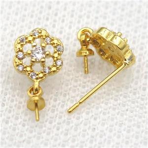 copper Stud Earrings paved zircon, flower, gold plated, approx 8mm [FN14554]