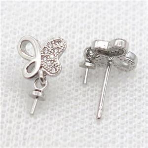 copper Stud Earrings paved zircon, butterfly, platinum plated, approx 8mm [FN14555]