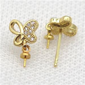 copper Stud Earrings paved zircon, butterfly, gold plated, approx 8mm [FN14556]