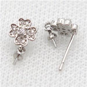 copper Stud Earrings paved zircon, clover, platinum plated, approx 8mm [FN14558]