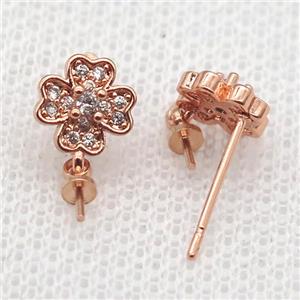 copper Stud Earrings paved zircon, clover, rose gold, approx 8mm [FN14560]