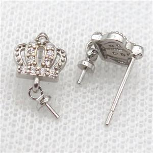 copper Stud Earrings paved zircon, crown, platinum plated, approx 9mm [FN14561]