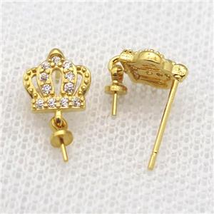 copper Stud Earrings paved zircon, crown, gold plated, approx 9mm [FN14562]