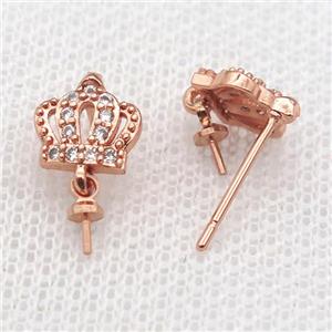 copper Stud Earrings paved zircon, crown, rose gold, approx 9mm [FN14563]