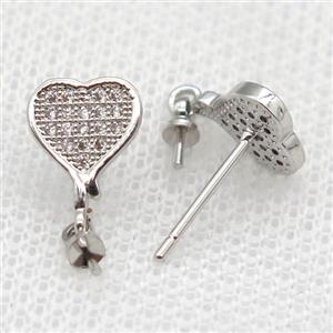 copper Stud Earrings paved zircon, heart, platinum plated, approx 8-10mm [FN14564]