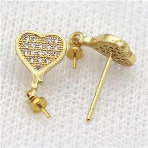copper Stud Earrings paved zircon, heart, gold plated, approx 8-10mm [FN14565]