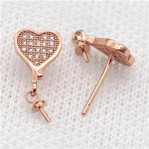 copper Stud Earrings paved zircon, heart, rose gold, approx 8-10mm [FN14566]