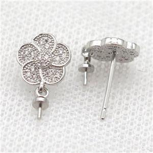 copper Stud Earrings paved zircon, flower, platinum plated, approx 10mm dia [FN14567]