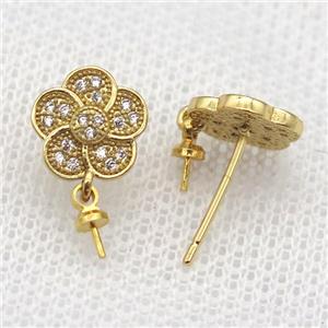 copper Stud Earrings paved zircon, flower, gold plated, approx 10mm dia [FN14568]