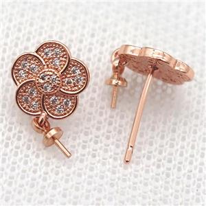 copper Stud Earrings paved zircon, flower, rose gold, approx 10mm dia [FN14569]