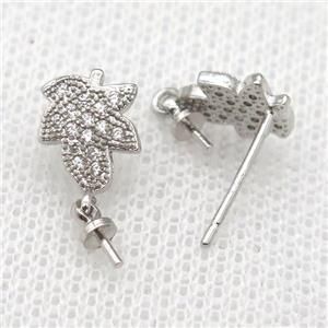 copper Stud Earrings paved zircon, leaf, platinum plated, approx 7-9mm [FN14573]